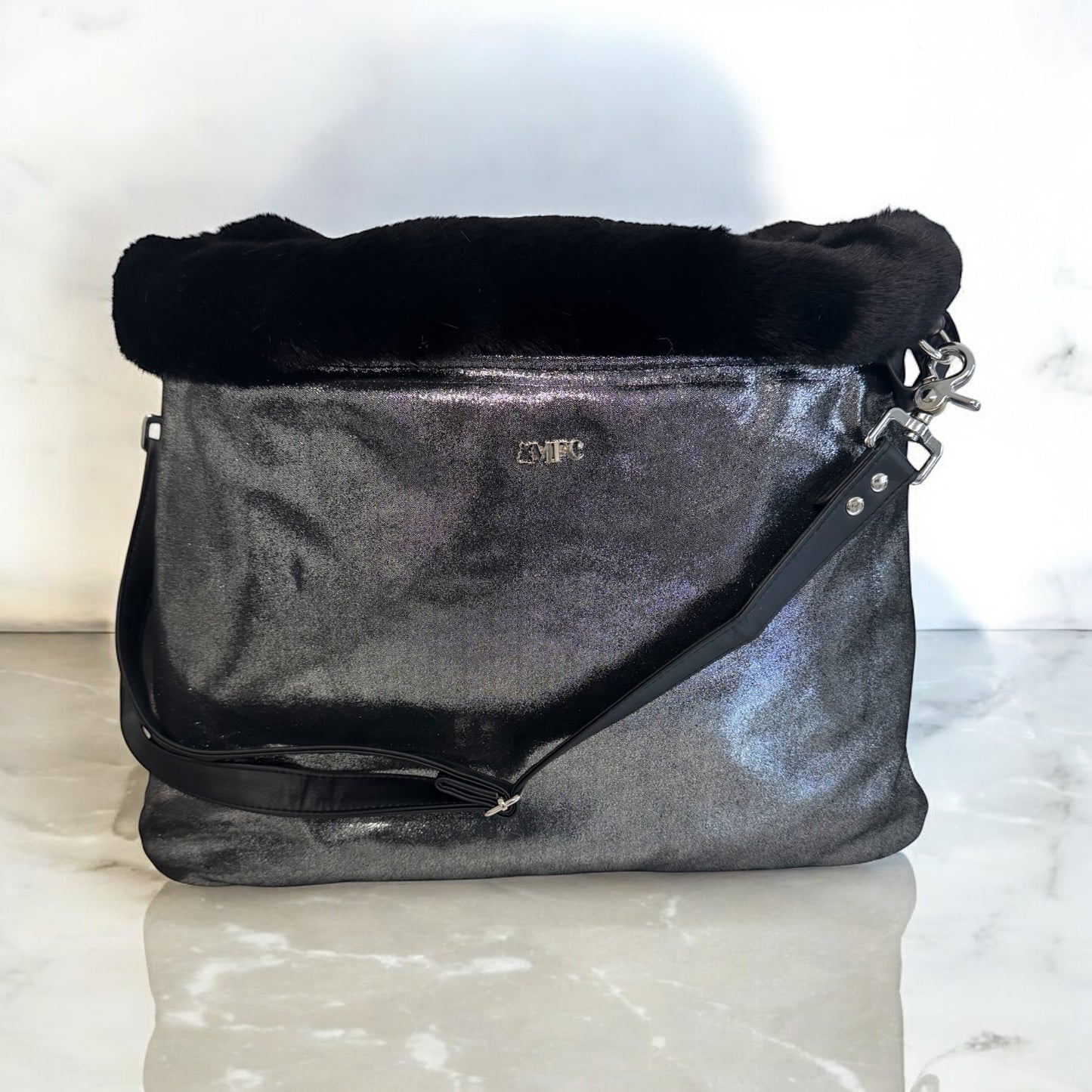Sac de transport pour chien bandoulière en velours de veau noir pailleté