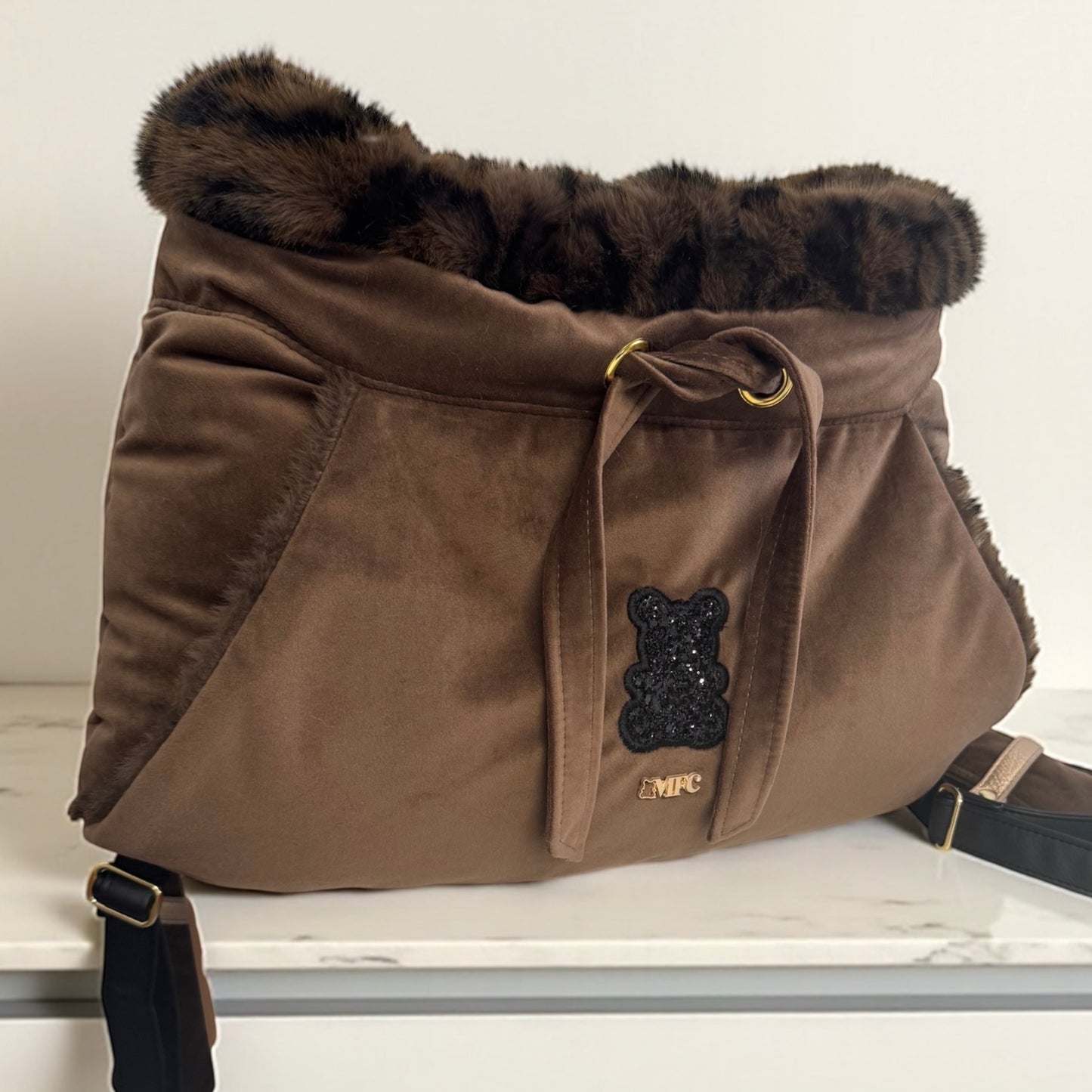 Stella dog carrier bag in quilted beige velvet