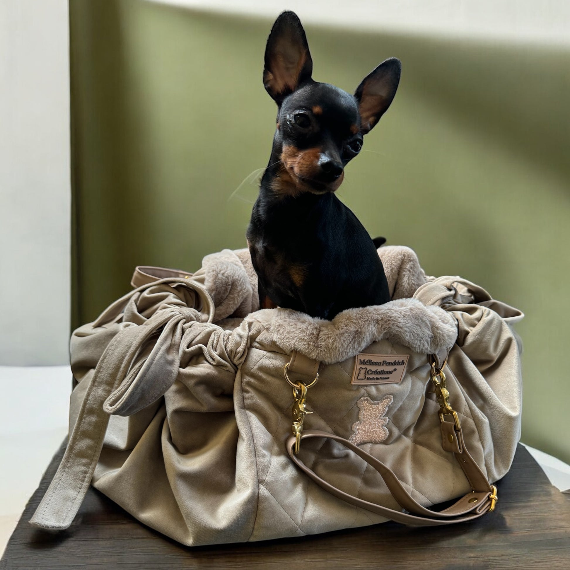 Stella dog carrier bag in quilted beige velvet