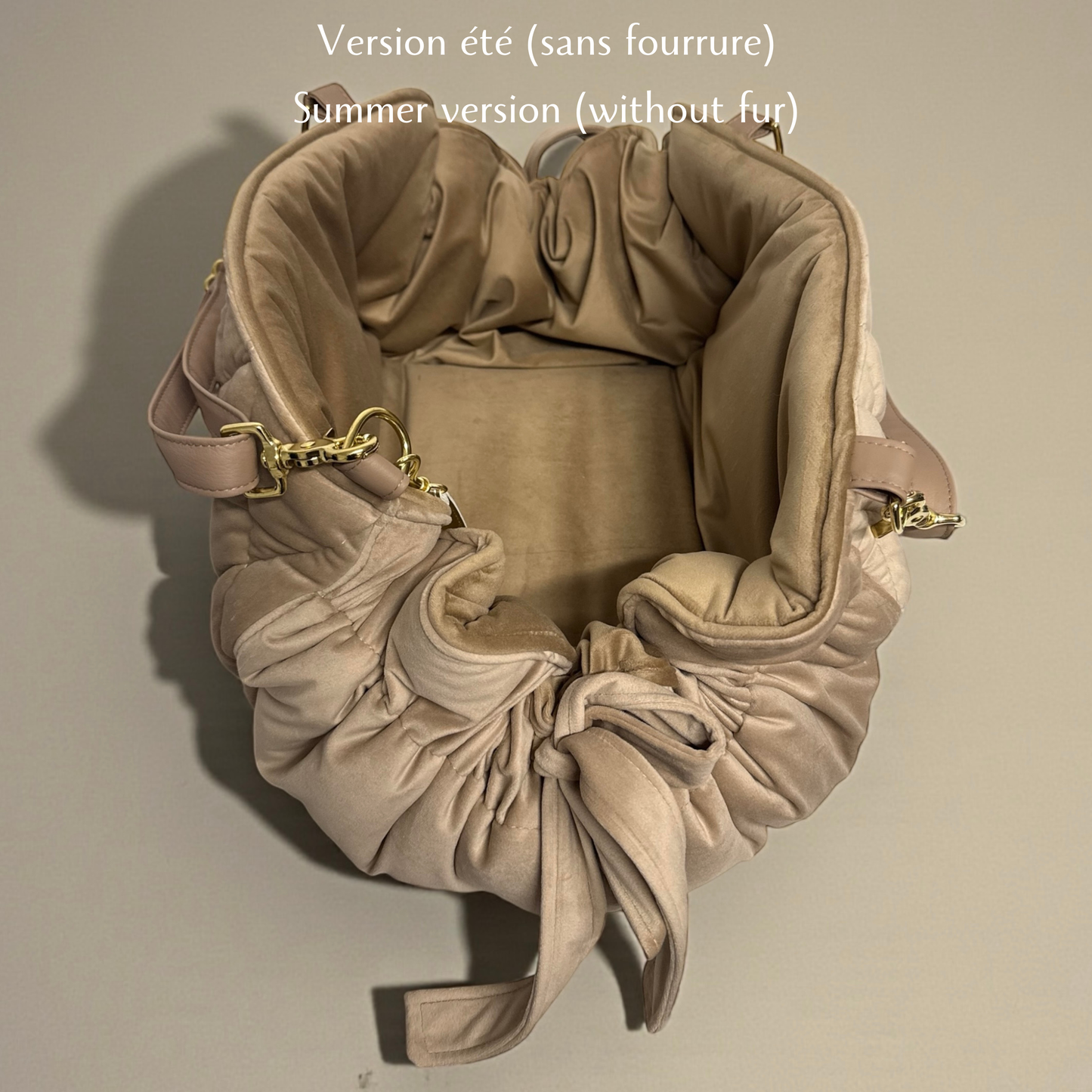 Stella dog carrier bag in quilted beige velvet