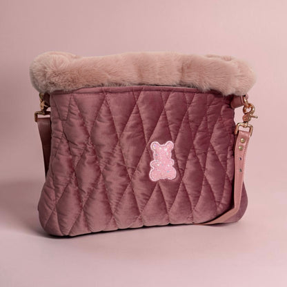 Dog carrier bag with shoulder strap in pink quilted velvet — Shipping within 15 days