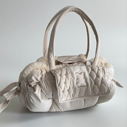 Stella dog carrier bag in quilted beige velvet