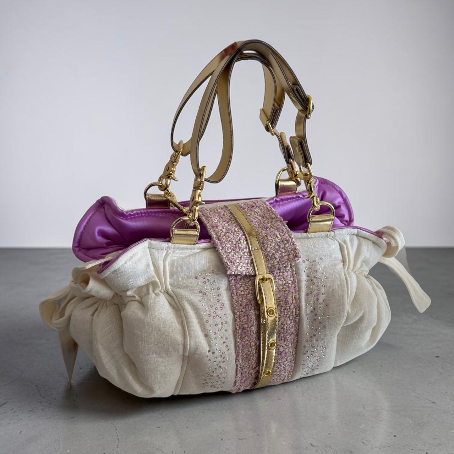 Stella dog carrier bag in quilted beige velvet