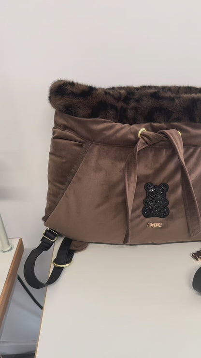 Stella dog carrier bag in quilted beige velvet